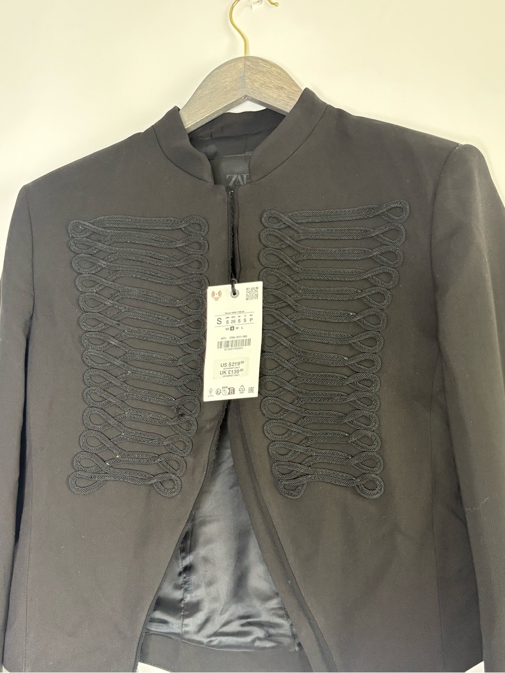 Zara Black Wool Blend Fitted Frog Clasp Blazer Military Jacket Crop Coat - Picture 7 of 12